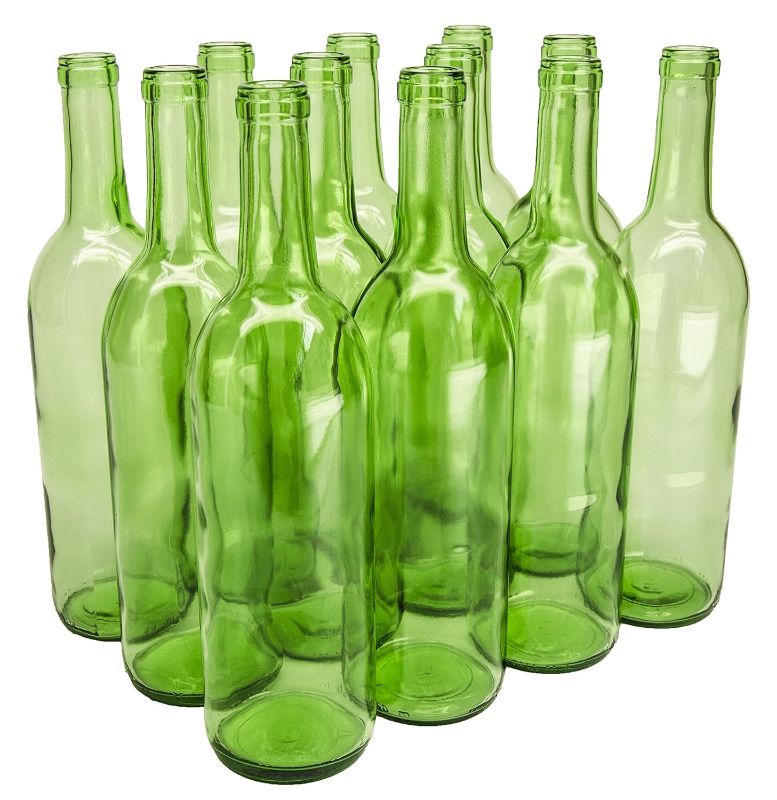 Photo 1 of 
North Mountain Supply 750ml Glass Bordeaux Wine Bottle Flat-Bottomed Cork Finish - Case of 12 - Light Green