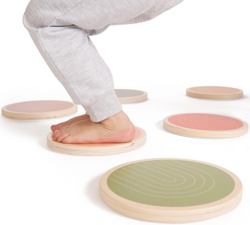 Photo 1 of Fun Wooden Stepping Stones for Kids - Perfect Toddler Indoor Activity To Improve Balance And Coordination Skills - Safe Non-Slip Obstacle Course And Sensory Toy Set of 6 for Ages 1-3, 3-4