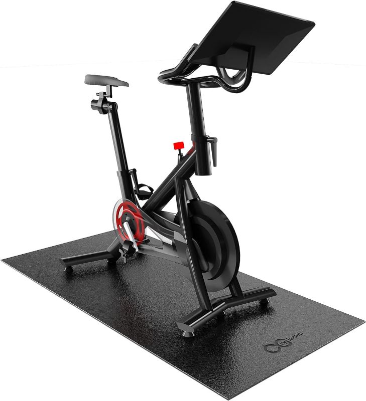 Photo 1 of **USED** Bike Mat Compatible with Peloton Bike Elliptical Treadmill Mat, 6mm Thick, Under Exercise Bike Trainer Mat Pad for Stationary Indoor Spin Bike,Hardwood Floor Carpet Black Gym Equipment Mat