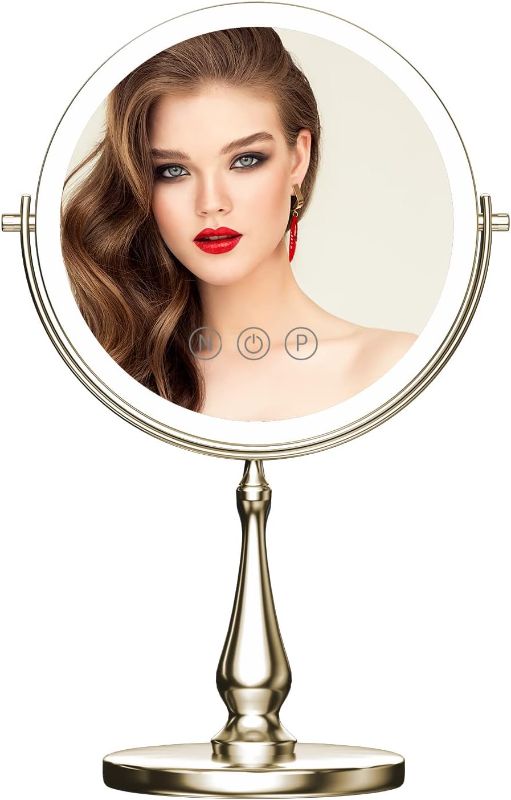 Photo 1 of 9" Large Vanity Mirror with Lights, 1X/10X Magnifying Makeup Mirror with Lighting, 3 Colors Brightness Adjustable, 360°Rotation Double Sided Standing Desk Mirror Brush Nickle