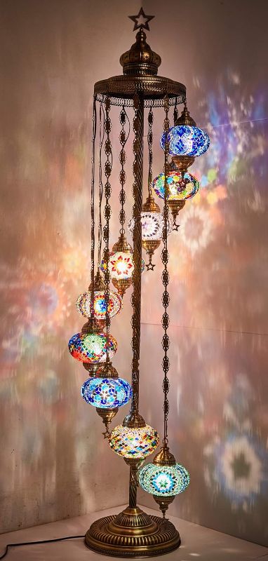 Photo 1 of *Similar Item* 9 Globes Turkish Floor Lamp Bohemian Floor Lamp Glass Moroccan Lighting Decorative Mosaic Standing Boho Lamp with North American Plug and Socket for Living Room Bedroom, 6 Feet, Multicolor