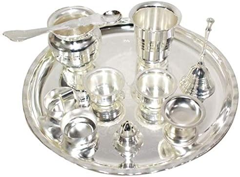 Photo 1 of NOBILITY Pooja Thali Set Silver Plated Large 10 Inch Puja Thali for Diwali Decoration Gift Items Festival Ethnic Puja Thali for Temple Office Home Wedding Return Gifts