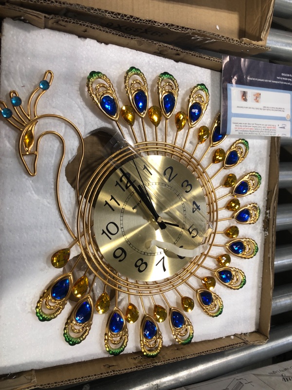 Photo 3 of **USED FOR PARTS** NEOTEND Gold Modern Wall Clock for Living Room Decor Large Peacock Kitchen Big Wall Watch for Bedroom Silent Decorative Office Non Ticking Metal Crystal Wall Clock Battery Operated 15 Inch 38*38cm