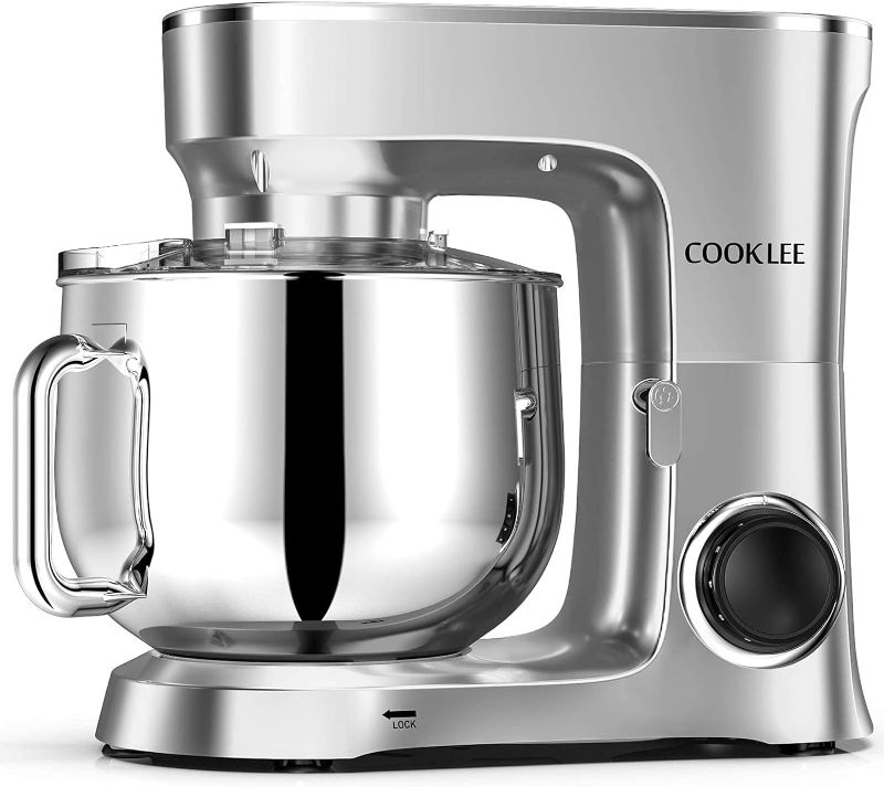 Photo 1 of COOKLEE Stand Mixer, 9.5 Qt. 660W 10-Speed Electric Kitchen Mixer with Dishwasher-Safe Dough Hooks, Flat Beaters, Wire Whip & Pouring Shield Attachments for Most Home Cooks, SM-1551, Silver
