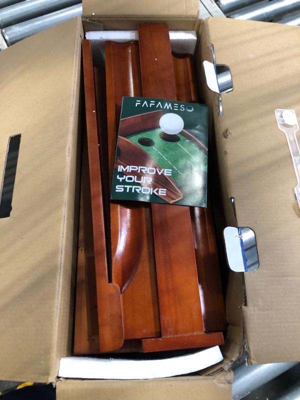 Photo 1 of FAFAMESO Golf Putting Mat for Indoor, Putting Green Training Equipment with Ball Return, Mini Golf Practice Training Aid for Home and Office, Golf Gifts Wood