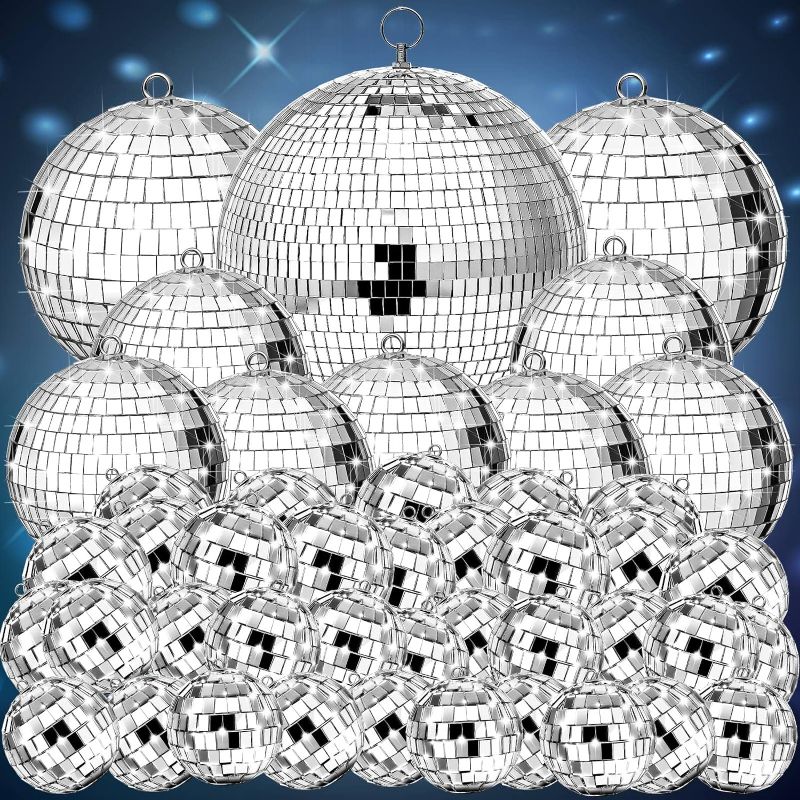 Photo 1 of 100 Pcs Mirror Disco Balls Decorations Different Sizes Bulk Silver Disco Balls Ornaments Hanging Disco Balls for Christmas Tree Dance Music 50s 60s 70s Disco Themed Party Decor (1, 2, 3, 4, 6, 8)