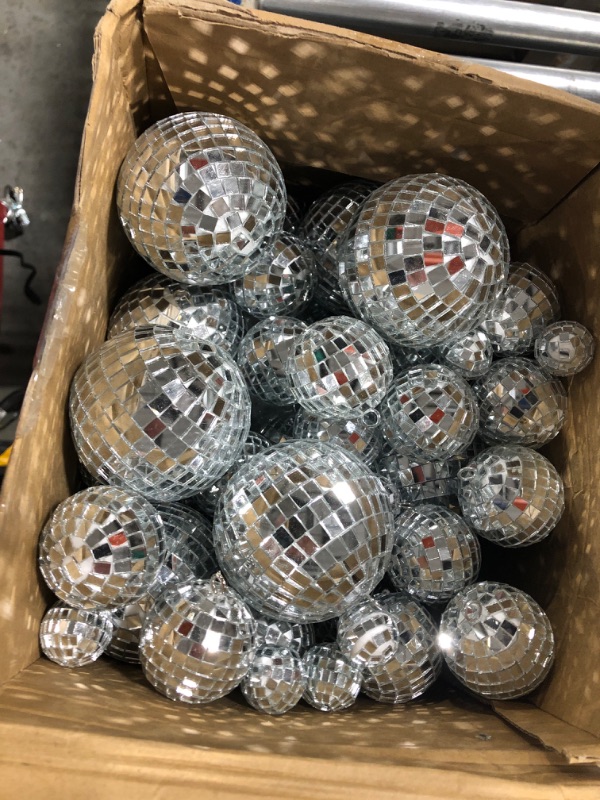 Photo 1 of 100 Pcs Mirror Disco Balls Decorations Different Sizes Bulk Silver Disco Balls Ornaments Hanging Disco Balls for Christmas Tree Dance Music 50s 60s 70s Disco Themed Party Decor (1, 2, 3, 4, 6, 8)