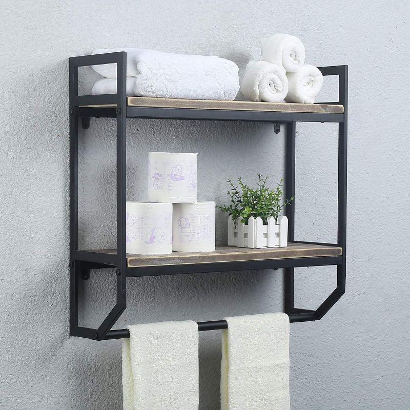 Photo 1 of 2-Tier Metal Industrial 23.6" Bathroom Shelves Wall Mounted,Rustic Wall Shelf Over Toilet,Towel Rack with Towel Bar,Utility Storage Shelf Rack, Floating Shelves Towel Holder,Black Brush Silver