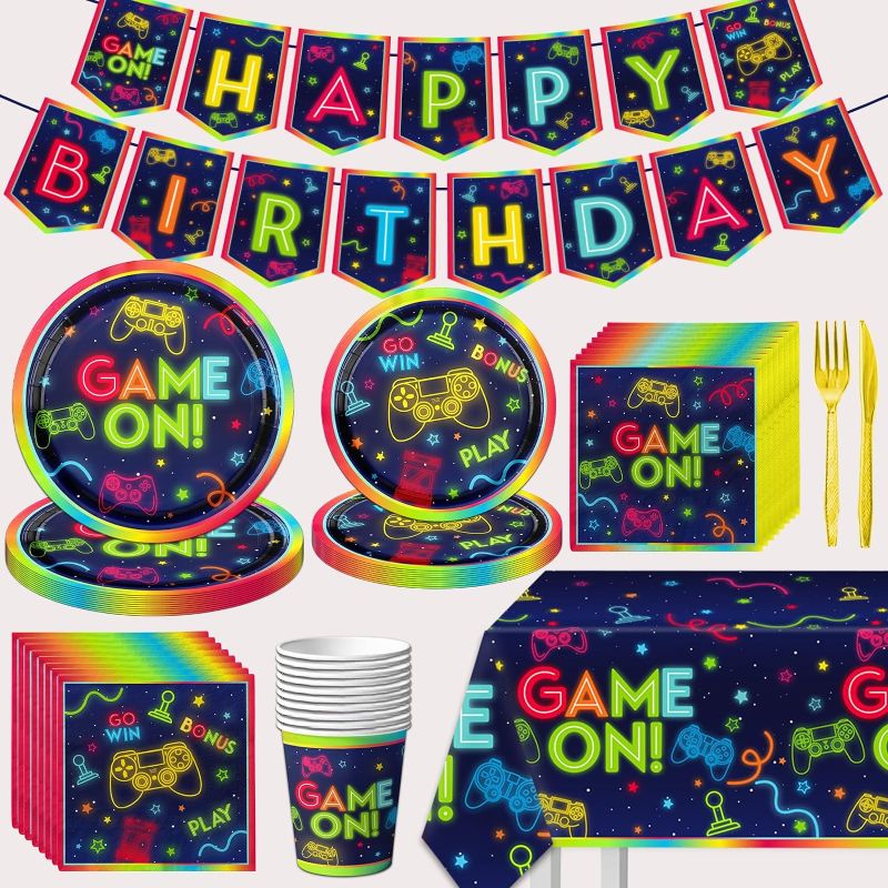Photo 1 of 142pcs hei di Video Game Party Tableware Supplies Set, 142pcs Game On Birthday Party Supplies Include Video Game Plates and Napkins,Cups,Banner,Neon Game Tablecloth for Video Game Party Decorations