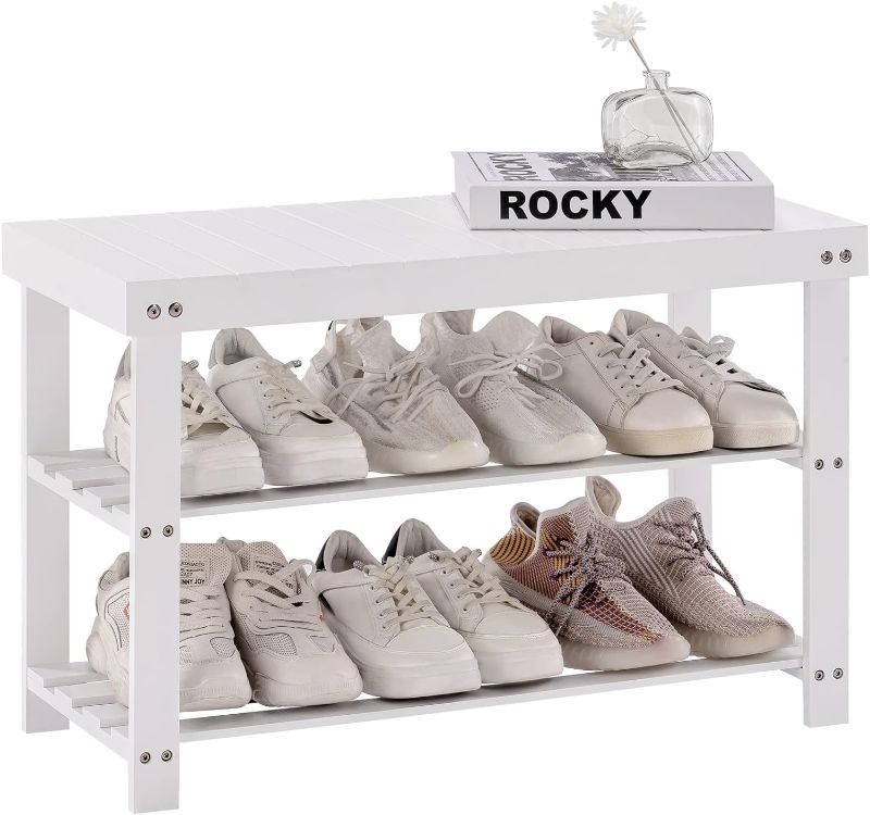 Photo 1 of **USED NOT COMPLETE** Apicizon Bamboo Shoe Rack for Entryway, 3-Tier Shoe Rack Bench for Front Indoor Entrance, Small Shoe Organizer with Storage, White
