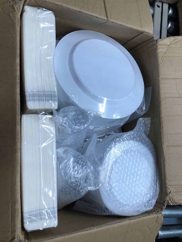 Photo 3 of 700 Piece Silver Dinnerware Set for 100 Guests, disposable Plastic Plates for Party, Include: 100 Silver Rim Dinner Plates, 100 Dessert Plates, 100 Paper Napkins, 100 Cups, 100 Plastic Silverware set Silver 100 Guests