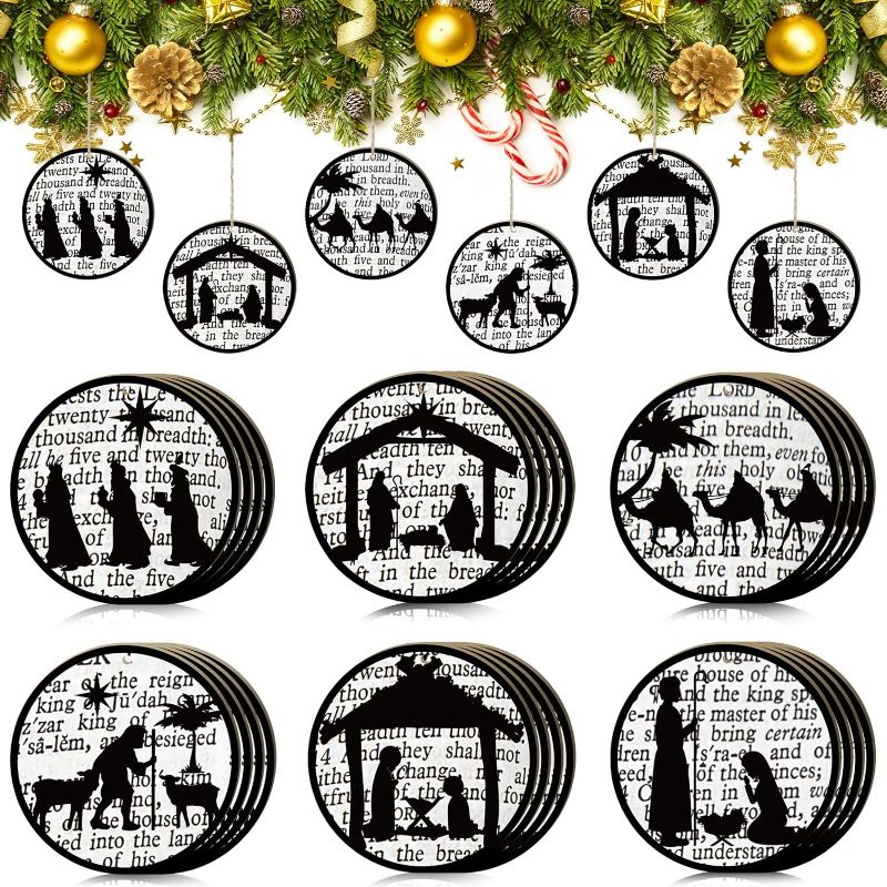 Photo 1 of 24 Pieces Nativity Scene Ornaments Christmas Religious Tree Ornament The Birth of Jesus Sign for Xmas Hanging Crafts Bible Family Winter Holiday Party Decor Supplies for Friends and Christian