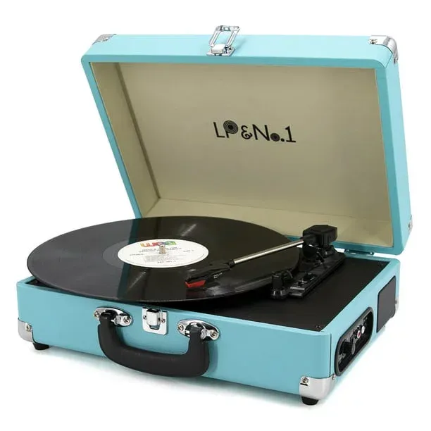 Photo 1 of LP&No.1 Record Player, 3 Speed Vinyl Turntable with 2 Built in Stereo Speakers, Supports RCA Line Out, AUX in, Portable Vintage Suitcase Blue