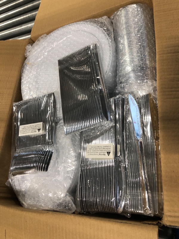 Photo 2 of 350 Piece Silver Dinnerware Set 50 Guest-100 Silver Rim Plastic Plates-50 Silver Plastic Silverware-50 Silver Plastic Cups-50 Linen Like Silver Paper Napkins,FOCUSLINE Disposable Dinnerware Set