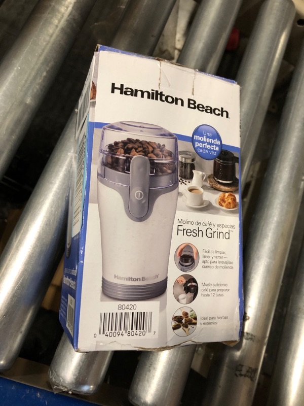 Photo 1 of Hamilton Beach Fresh Grind Electric Coffee Grinder for Beans, Spices and More, Stainless Steel Blades, Removable Chamber, Makes up to 12 Cups, White Makes up to 12 Cups White