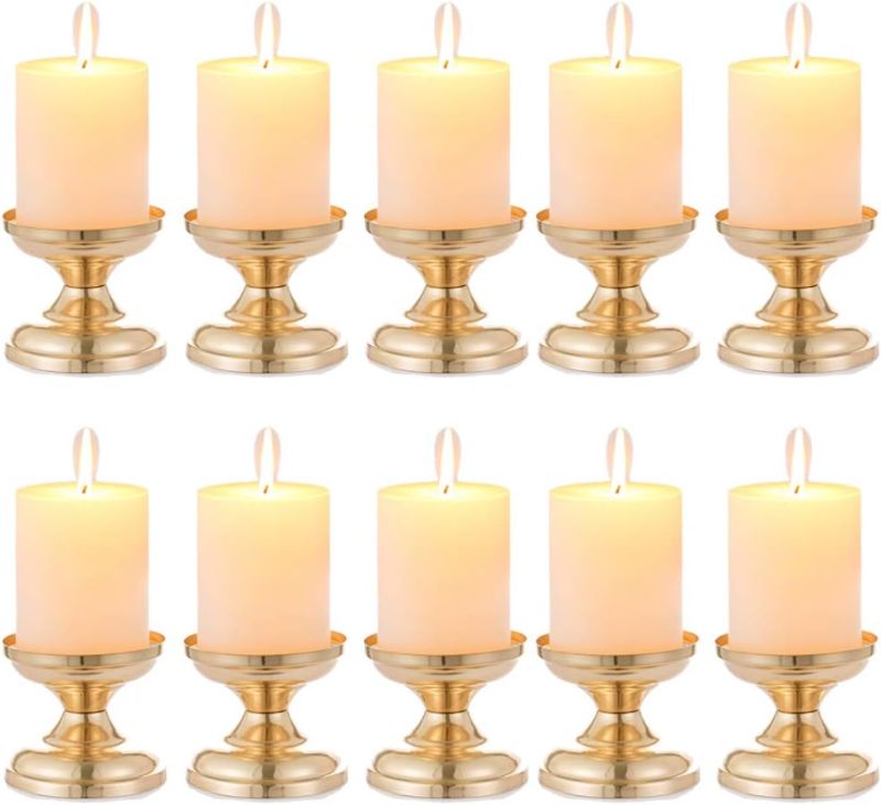 Photo 1 of 10 Pcs Gold Metal Pillar Candle Holders, Wedding Centerpieces Candlestick Holders for 3" Candles Stand Decoration Ideal for Weddings, Special Events, Parties