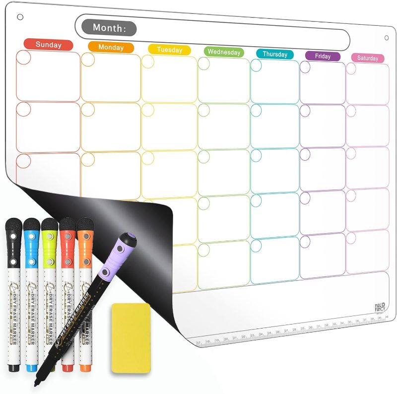 Photo 1 of Dry Erase Calendar Kit- Magnetic Calendar for Refrigerator - Monthly Fridge Calendar Whiteboard with Extra-Thick Magnet Included Fine Point Marker & Eraser & Holes for Wall Hanging 1 Monthly