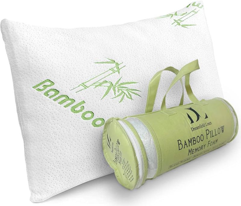 Photo 1 of Bamboo Pillow Queen Size Shredded Memory Foam for Sleeping - Ultra Soft, Cool & Breathable Cover with Zipper Closure - Relieves Neck Pain, Snoring and Helps with Asthma - Back/Stomach/Side Sleeper
