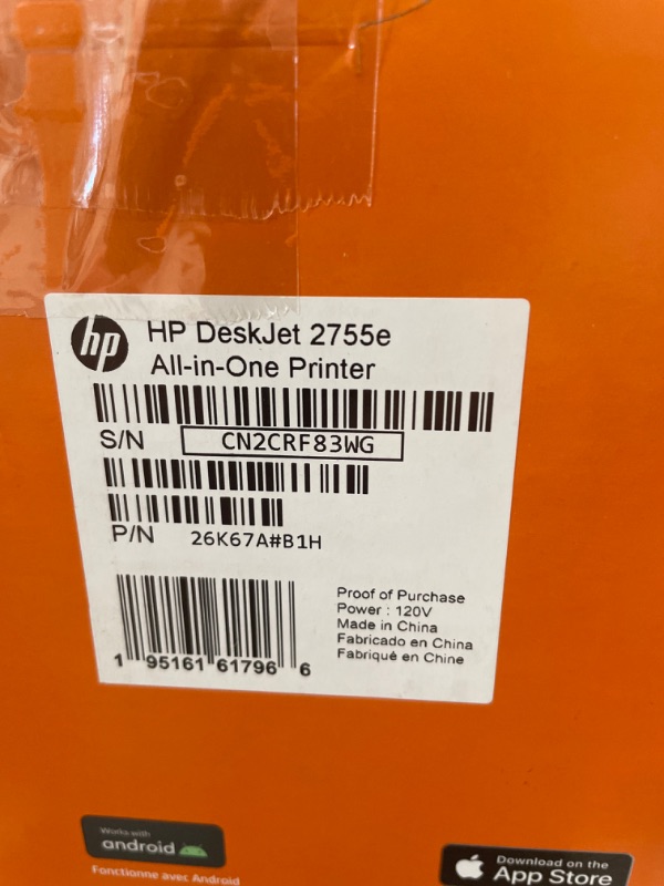 Photo 1 of HP DeskJet 2755e Wireless Color All-in-One Printer with bonus 6 months Instant Ink (26K67A), white