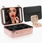 Photo 1 of Makeup Travel Lighted Case with Large LED Light Mirror Coetic Bag Organizer Professional Adjustable Divider Storage, Waterproof Portable Make up Train Box Accessories And Tools Case (SN-Pink)