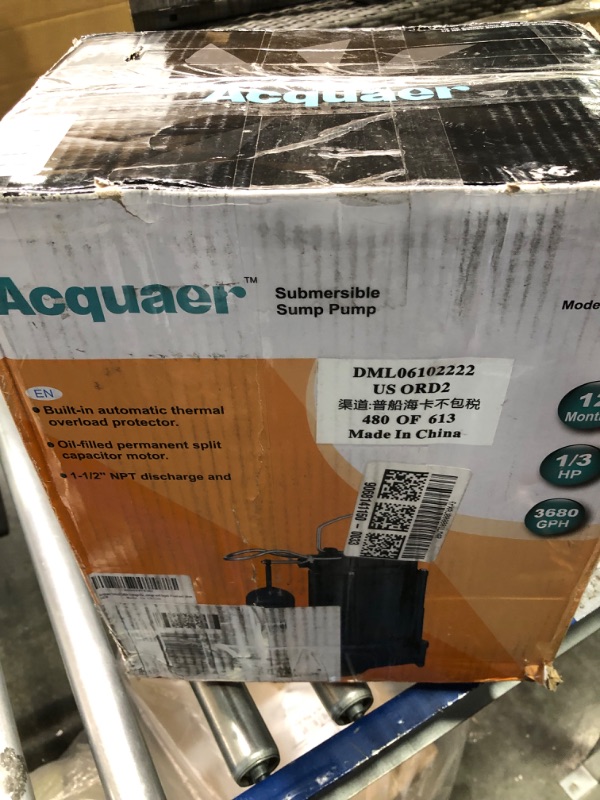 Photo 2 of Acquaer 1/3 HP Submersible Sewage/Effluent Pump,3680 GPH Cast Iron Sump Pump with Automatic Integrated Snap-action Float Switch for Septic Tank ,Basement,Flooding Area