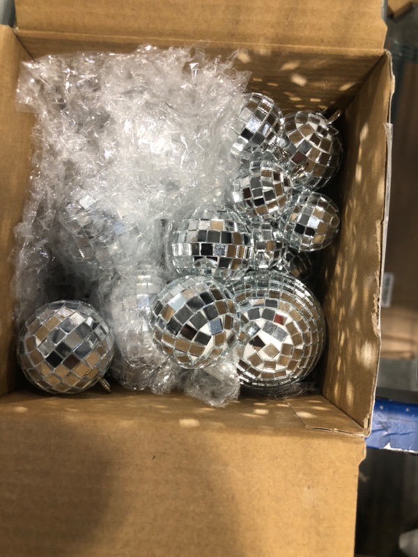 Photo 3 of 20 Pcs Hanging Mirror Disco Ball Ornaments Glass Disco Balls Decoration Different Sizes 70s Reflective Mini Disco Ball Decor with Rope (2.4 Inch, 2 Inch, 1.6 Inch, 1.2 Inch)