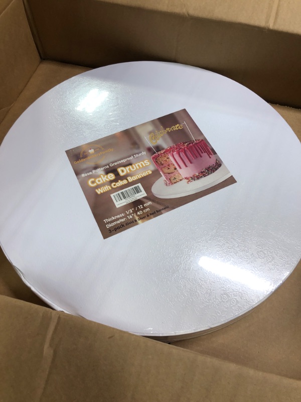 Photo 2 of 16 Inch Cake Drums with Banner Cake Topper-Cake Board Round White(3-Pack) 1/2 Inch Thick Cake Boards Sturdy, Greaseproof for Birthday Wedding Multi-Tiered Party Cake Boards by GoldenBakeryFamily 16inch ?3 Pack? White