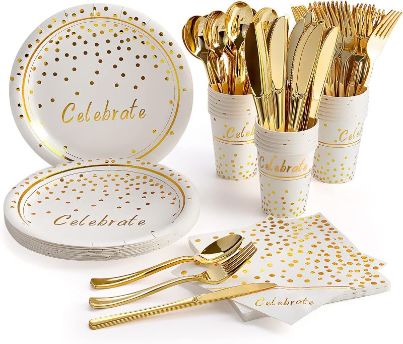 Photo 1 of 100Piece Gold Dinnerware Set for 75Guests, Plastic Plates Disposable for Party, Include: 20 Gold Rim Dinner Plates, 20 Dessert Plates, 20Paper Napkins, 20 Cups, 20 Gold Plastic Silverware Set