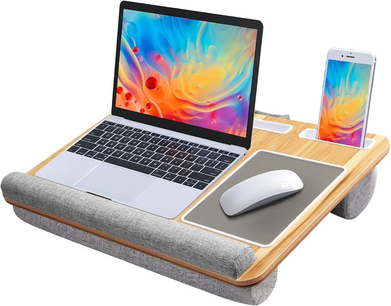 Photo 1 of  HUANUO Lap Desk - Fits up to 17 inches Laptop Desk, Built in Mouse Pad &amp; Wrist Pad for Notebook, Laptop, Tablet, Laptop Stand with Tablet, Pen &amp; Phone Holder (Wood Grain)
 
 
View in your room
Try with camera
Try with camera
 
 
 
 HUANUO Lap Des