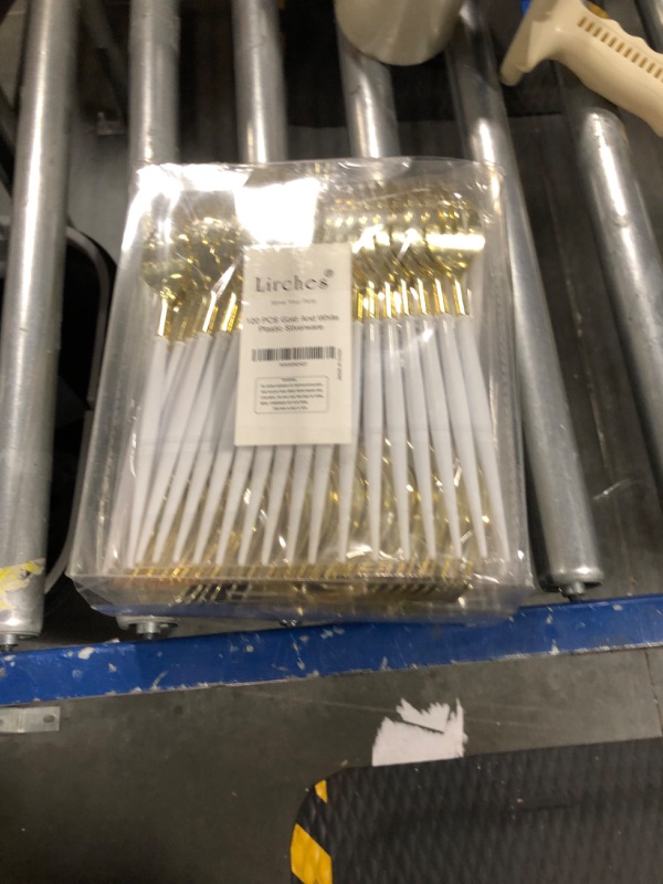 Photo 2 of 120PCS Gold and White Plastic Silverware - Gold Plastic Cutlery with White Handle, Disposable Gold Utensils Sets with 40 Plastic Spoons, 40 Plastic Forks, 40 Plastic Knives for Party 120 White Handle