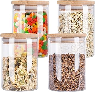 Photo 1 of 4 Pack Glass Storage Jars with Airtight Bamboo Lid, Aoeoe 27 OZ Food Storage Jar, Glass Kitchen Canisters, Clear Container for Coffee Bean Storage, Dry Goods, Cookie, Candy, Tea, Spices