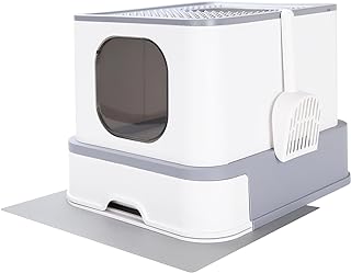 Photo 1 of  Cat Litter Box, Large Top Entry Anti-Splashing Litter Box with Lid, Enclosed Plastic Cat Litter Box with Handy Litter Scoop, Drawer Type Cat Toilet (Light Gray)