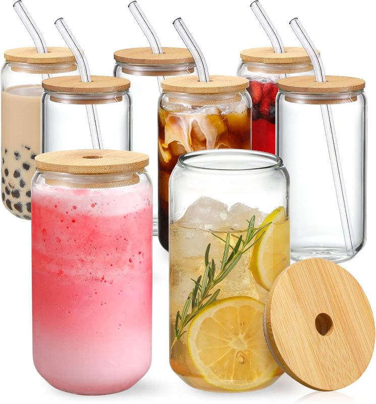Photo 1 of [ 8pcs Set ] Drinking Glasses with Bamboo Lids and Glass Straw - 16oz Can Shaped Glass Cups, Beer Glasses, Iced Coffee Glasses, Cute Tumbler Cup, Ideal for Cocktail, Whiskey, Gift - 2 Cleaning Brushes 8glasses&8straws&8lids
