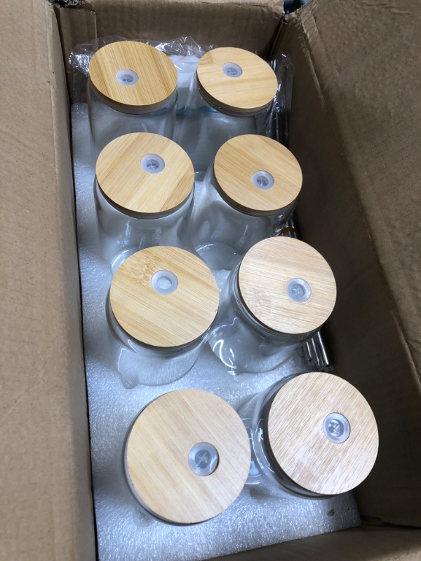 Photo 1 of [ 8pcs Set ] Drinking Glasses with Bamboo Lids and Glass Straw - 16oz Can Shaped Glass Cups, Beer Glasses, Iced Coffee Glasses, Cute Tumbler Cup, Ideal for Cocktail, Whiskey, Gift - 2 Cleaning Brushes 8glasses&8straws&8lids