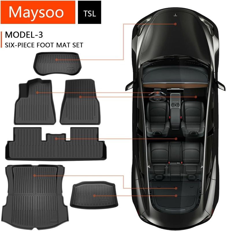 Photo 1 of Maysoo Tesla Model 3 Floor Mats 3D Full Set Liners, All Weather Fits Tesla Model 3 2021 2022 2023 Floor Mats Trunk Mats&Frunk Mat Rear Storage Trunk Liner TPE Cargo Liners Accessories(Set of 6) Model 3 floor mats (set of 6)