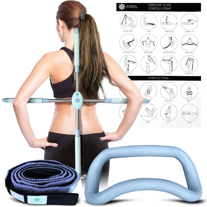 Photo 1 of BAMBIKI Stretch Set of 3– Posture Corrector, Yoga Stick Stretching Tool – Stretching Ring – Stretch Strap with Carry Bag– Perfect for Yoga, Pilates and Physical Therapy (Pink)