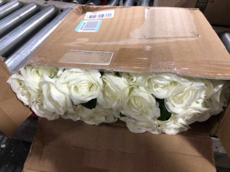 Photo 3 of 50 Pcs Artificial Rose Flower Realistic Silk Roses with Stem Bouquet of Flowers Plastic Flowers Real Looking Fake Roses for Home Wedding Centerpieces Party Decorations (White)