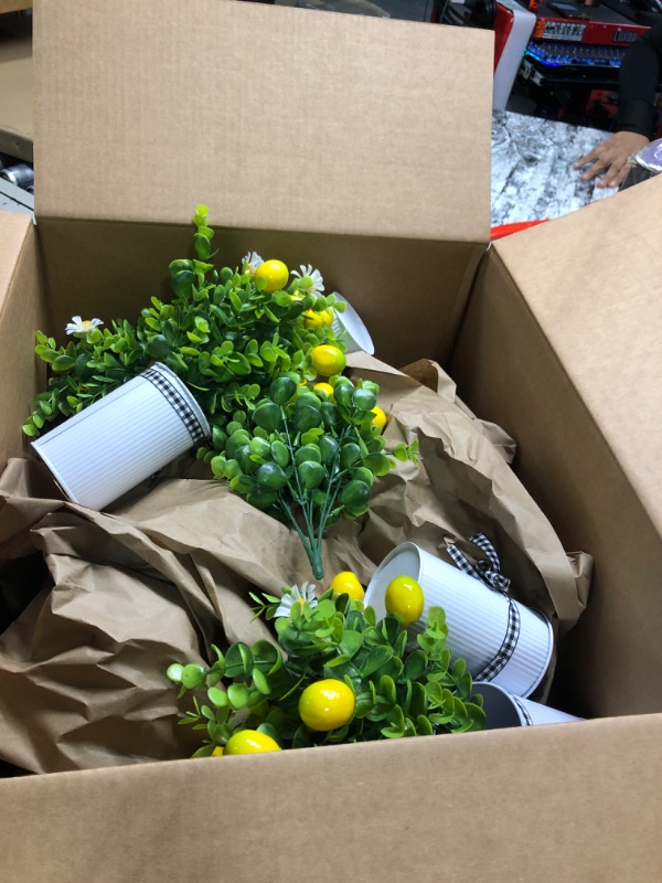 Photo 2 of 4 Pack Lemon Mason Jar Table Centerpiece, Artificial Lemon Home Centerpieces Fake Lemon Daisy Plants with Faux Leaves for Summer Wedding Farmhouse Office Kitchen Bathroom Dining Table Centerpiece