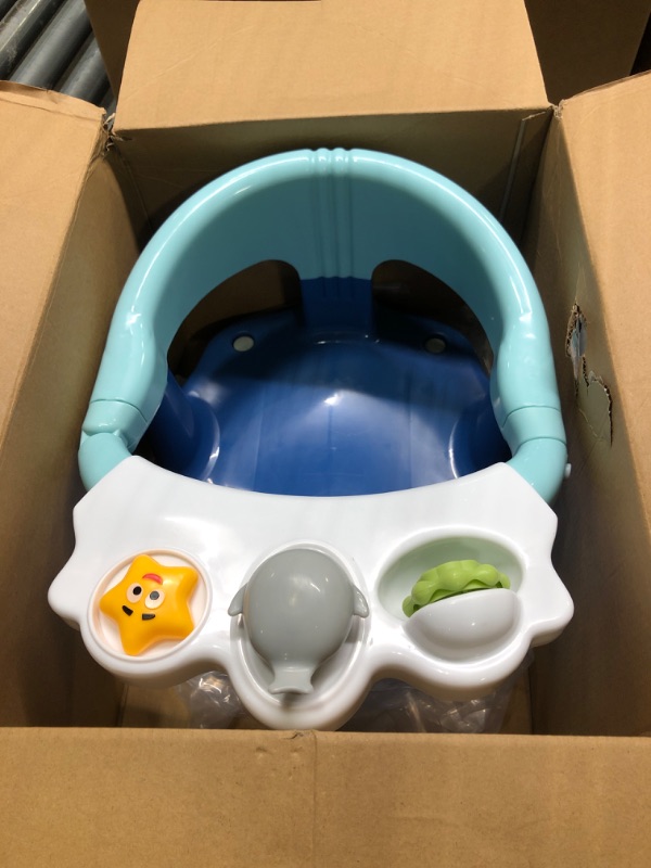 Photo 3 of Baby Bath Seat [Original] - Ergonomic Backrest – Side Opening Design – 2 Rotating Toys + 1 Pressing Toy – 4 Strong Anti-Slip Suction Cups – Ideal Gift for Baby 6-36 Months! (Blue)