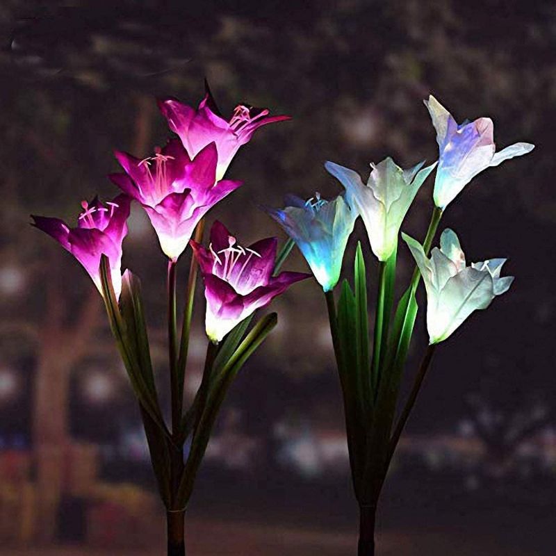 Photo 1 of  Garden Solar Lights Multi-Color Changing 4 LED Flower Stake Light Decorative Landscape Lawn Yard Outdoor Lights Purple and White Length 7pcs