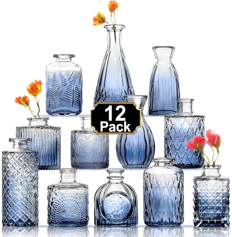 Photo 1 of Arme Bud Vase Set of 12, Blue Vases Clear Flower Vase in Bulk, Small Vintage Vases for Flower Mini Glass Bud Vases for Centerpieces, Cute Floral Vases for Wedding Home Table Flower Décor
