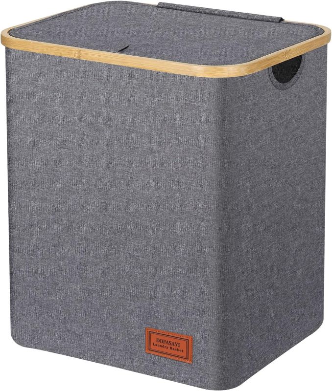 Photo 1 of DOFASAYI Laundry Basket with lid - 85L XL- Large Laundry Hamper with Bamboo Handles, Portable Clothes Hamper for Dorm Room, Bathroom, bedroom, Grey Hamper for Toys, closet, Clothing
