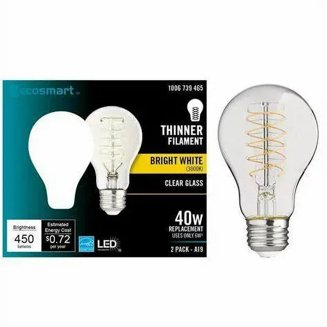 Photo 1 of Ecosmart 40W A19 bright white 3000k Thinner Filament Clear LED Bulb 6 Pack
