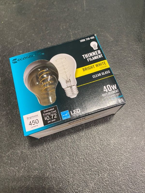 Photo 1 of Ecosmart 40W A19 bright white 3000k Thinner Filament Clear LED Bulb 6 Pack
