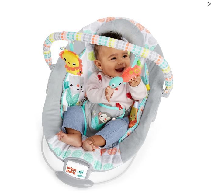 Photo 1 of Bright Starts Comfy Baby Bouncer Soothing Vibrations Infant Seat - Taggies, Music, Removable -Toy Bar, 0-6 Months Up to 20 lbs (Whimsical Wild)
