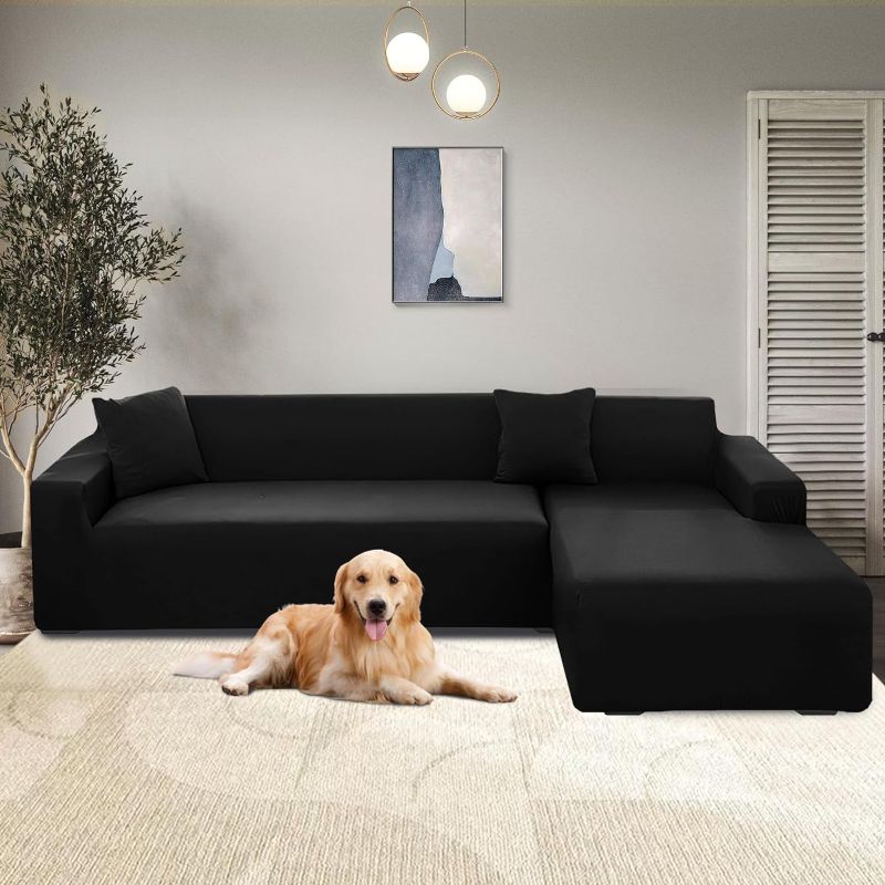 Photo 1 of 100% Waterproof Sectional Couch Covers for Sofa Magic L Shape Sofa Cover 2-Piece Super Stretch Soft L Shaped Sectional Sofa Cover Set for Pets Kids Dog Furniture Protector , Black)