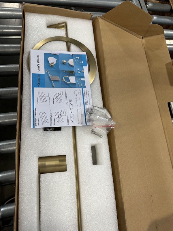 Photo 4 of **USED** YUESIMATE 4-Piece Bathroom Hardware Set-SUS304 Stainless Steel Wall Mounted Bathroom Accessories Kit, Including 23.6-Inch Brushed Gold Towel Bar, Toilet Paper Holder, Robe Towel Hooks, Towel Ring