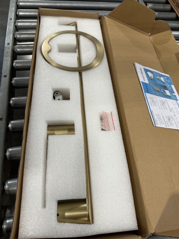 Photo 3 of **USED** YUESIMATE 4-Piece Bathroom Hardware Set-SUS304 Stainless Steel Wall Mounted Bathroom Accessories Kit, Including 23.6-Inch Brushed Gold Towel Bar, Toilet Paper Holder, Robe Towel Hooks, Towel Ring