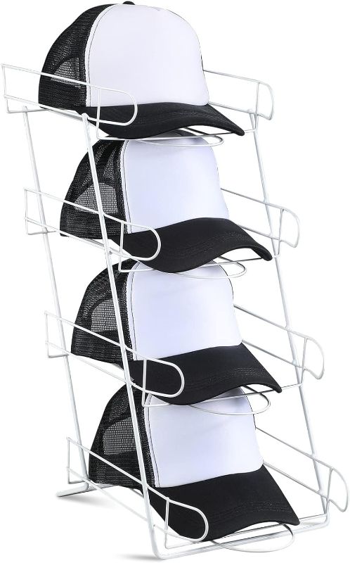 Photo 1 of 4 Tier Wire Countertop Hat Display Stand Cap Hat Rack Class Racks for Hats Retail, Bedroom, Living Room, Entryway (White)
