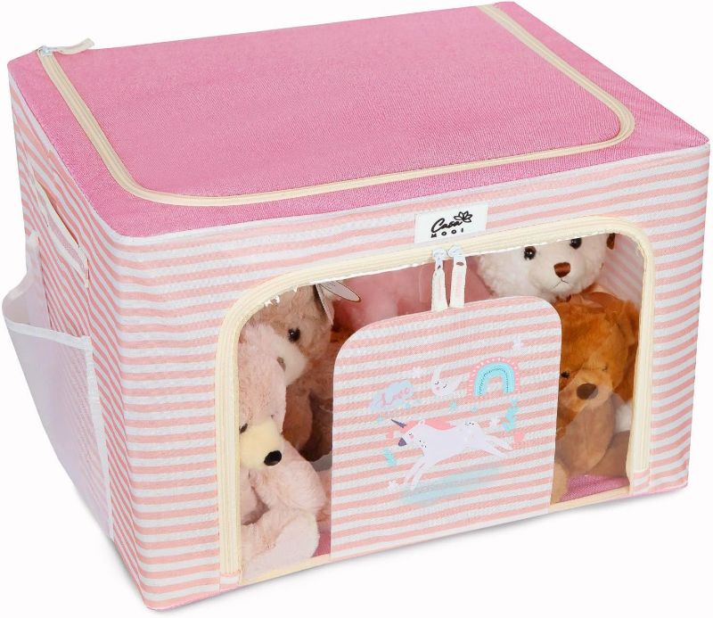 Photo 1 of Foldable Big Toy Chest for Boys & Girls - Stylish Oxford Cloth Bedroom Play Room Organization Collapsible Storage Box with Side Pocket & Window - Versatile Kids Toy Bin - Pink, 19.7" x 15.7" x 13.0"
